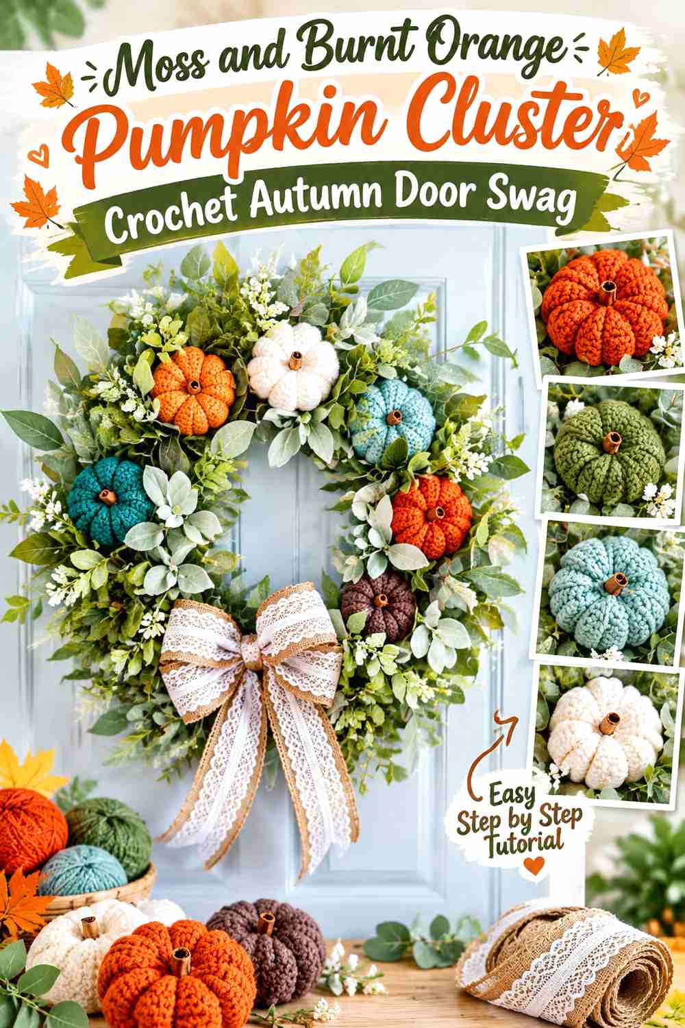 1. Moss And Burnt Orange Pumpkin Cluster Crochet Autumn Door Swag