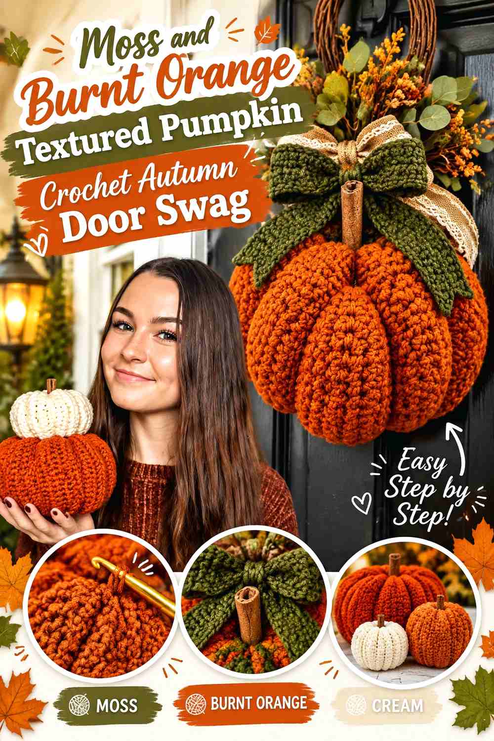 11. Moss And Burnt Orange Textured Pumpkin Crochet Autumn Door Swag