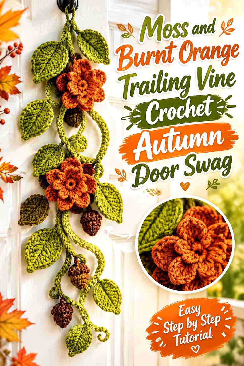 13. Moss And Burnt Orange Trailing Vine Crochet Autumn Door Swag