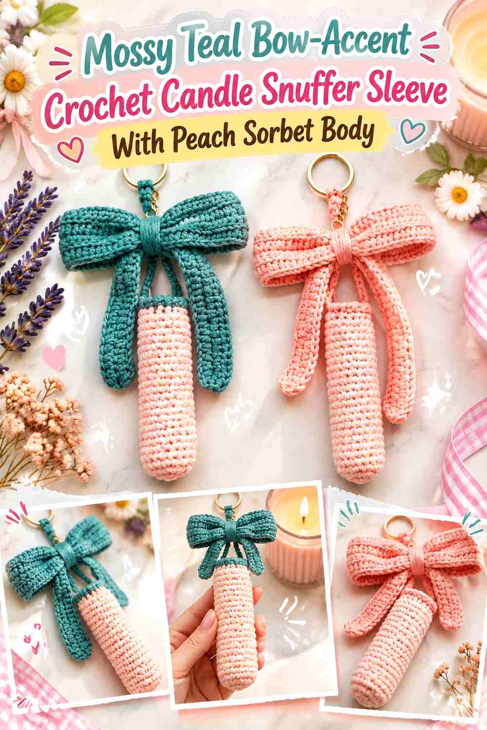 Mossy Teal Bow Accent Crochet Candle Snuffer Sleeve With Peach Sorbet Body