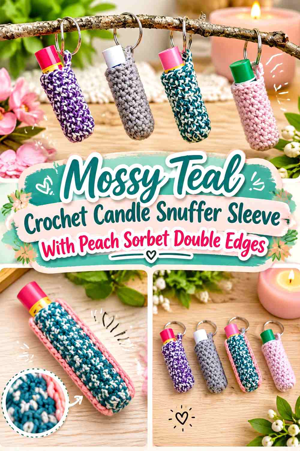 Mossy Teal Crochet Candle Snuffer Sleeve With Peach Sorbet Double Edges