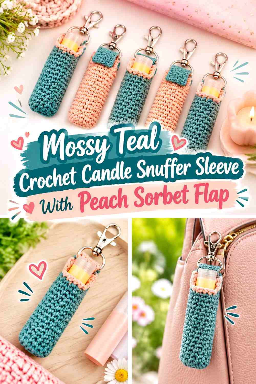Mossy Teal Crochet Candle Snuffer Sleeve With Peach Sorbet Flap
