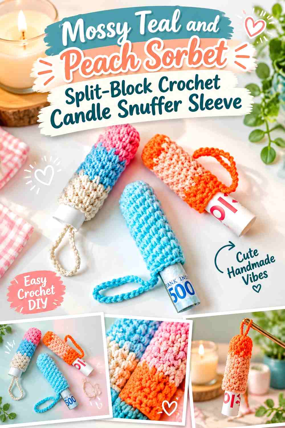 Mossy Teal and Peach Sorbet Split Block Crochet Candle Snuffer Sleeve