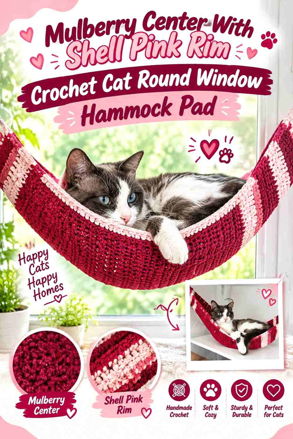 Mulberry Center With Shell Pink Rim Crochet Cat Round Window Hammock Pad