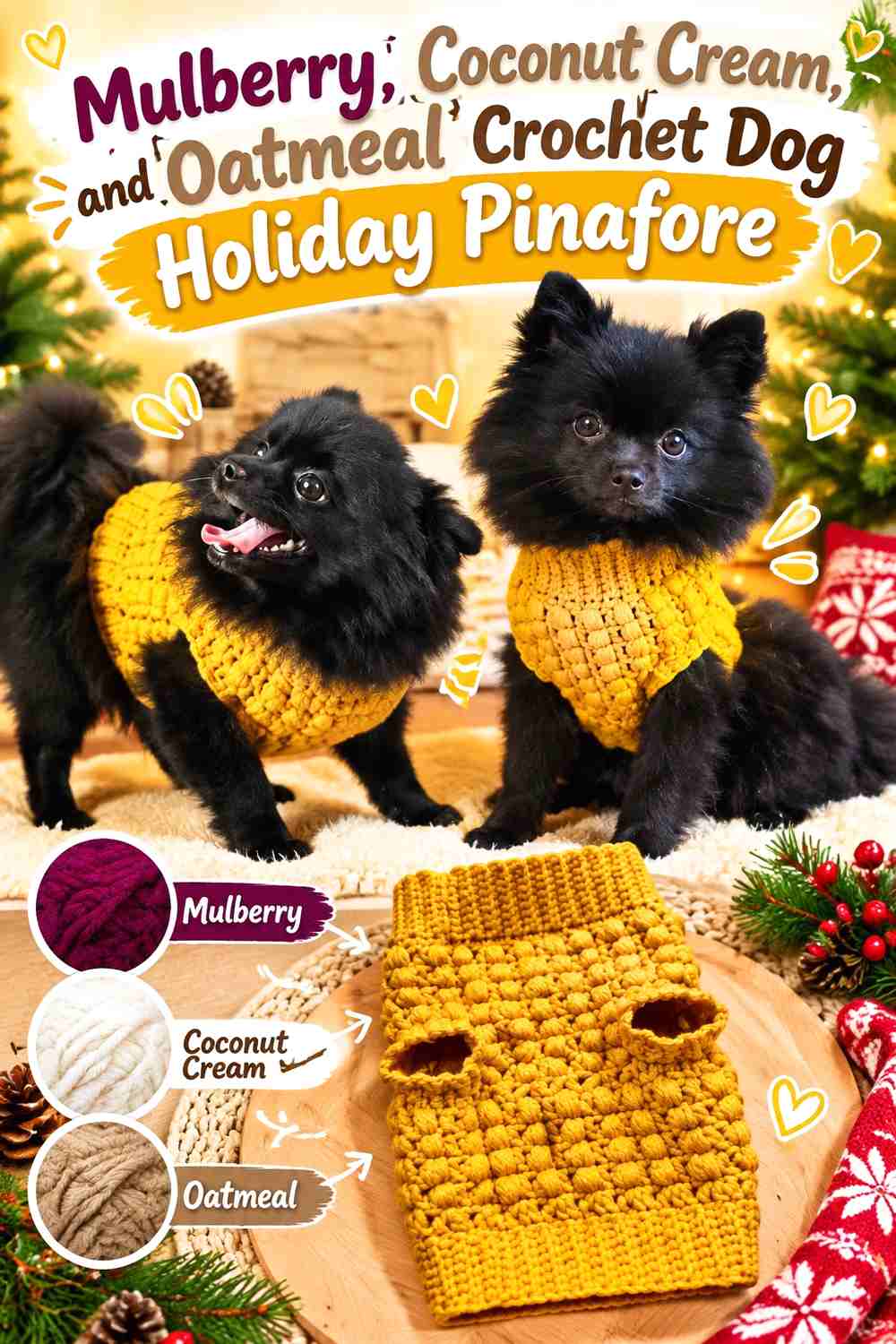 Mulberry, Coconut Cream, and Oatmeal Crochet Dog Holiday Pinafore