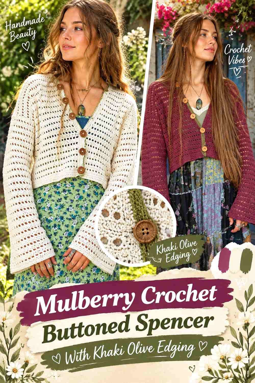 Mulberry Crochet Buttoned Spencer With Khaki Olive Edging