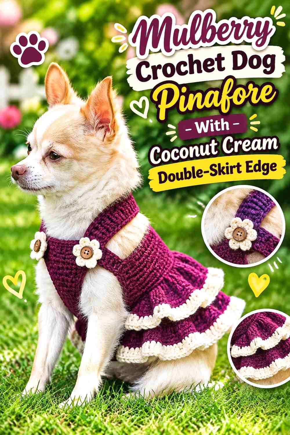 Mulberry Crochet Dog Pinafore With Coconut Cream Double-Skirt Edge