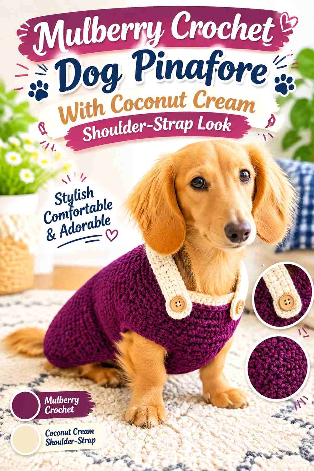 Mulberry Crochet Dog Pinafore With Coconut Cream Shoulder-Strap Look