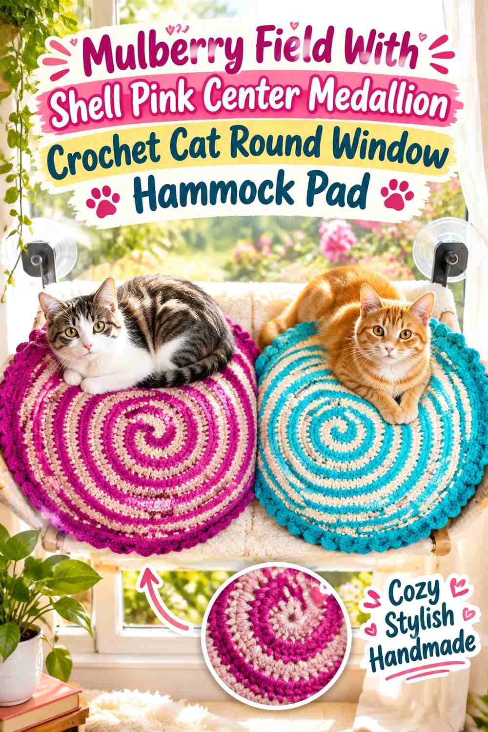 Mulberry Field With Shell Pink Center Medallion Crochet Cat Round Window Hammock Pad