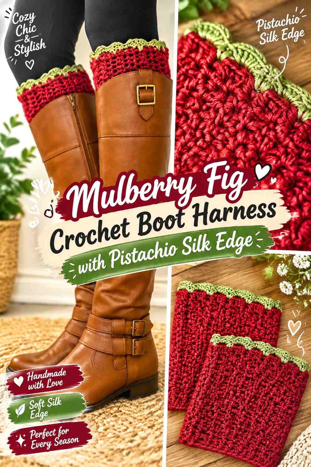 Mulberry Fig Crochet Boot Harness with Pistachio Silk Edge