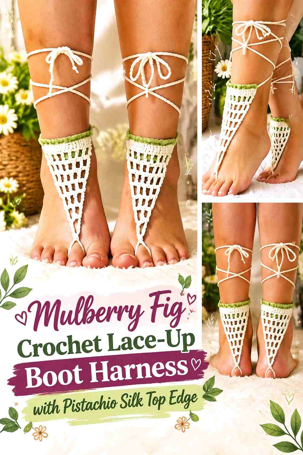 Mulberry Fig Crochet Lace-Up Boot Harness with Pistachio Silk Top Edge