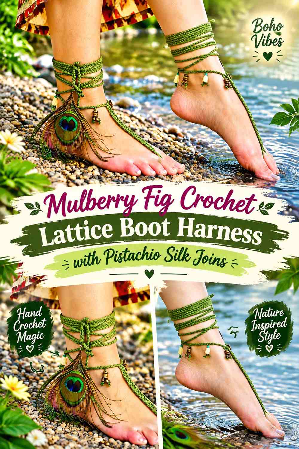 Mulberry Fig Crochet Lattice Boot Harness with Pistachio Silk Joins