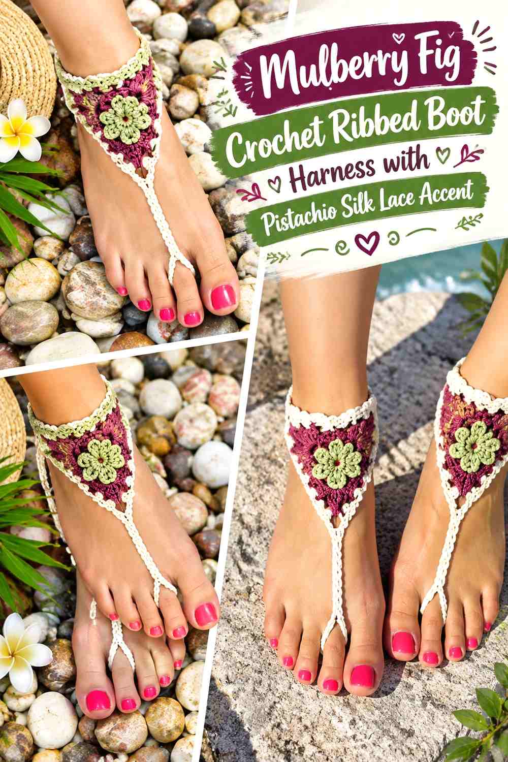 Mulberry Fig Crochet Ribbed Boot Harness with Pistachio Silk Lace Accent