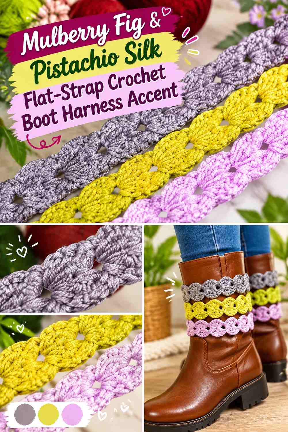 Mulberry Fig & Pistachio Silk Flat-Strap Crochet Boot Harness Accent