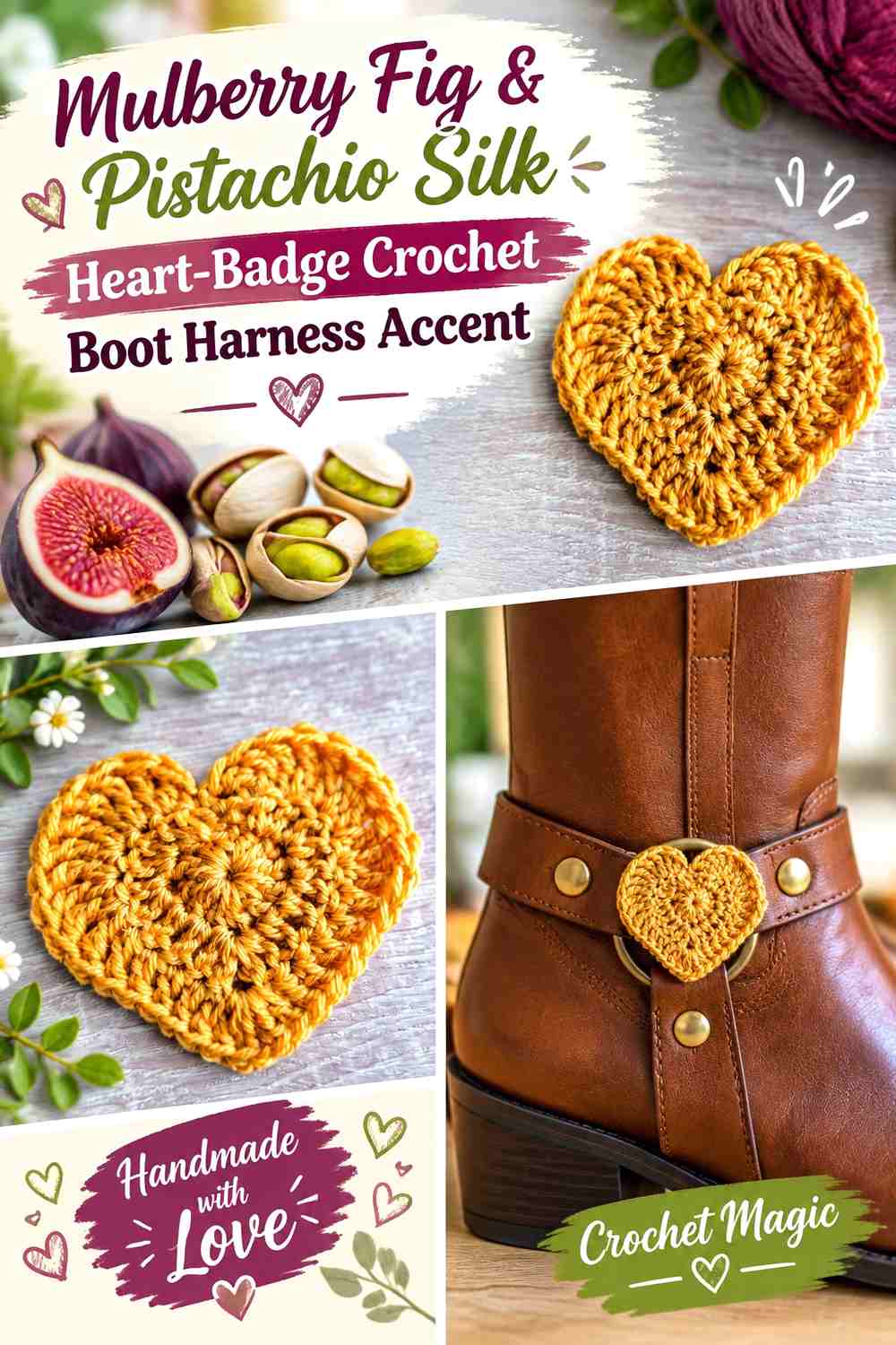 Mulberry Fig & Pistachio Silk Heart-Badge Crochet Boot Harness Accent