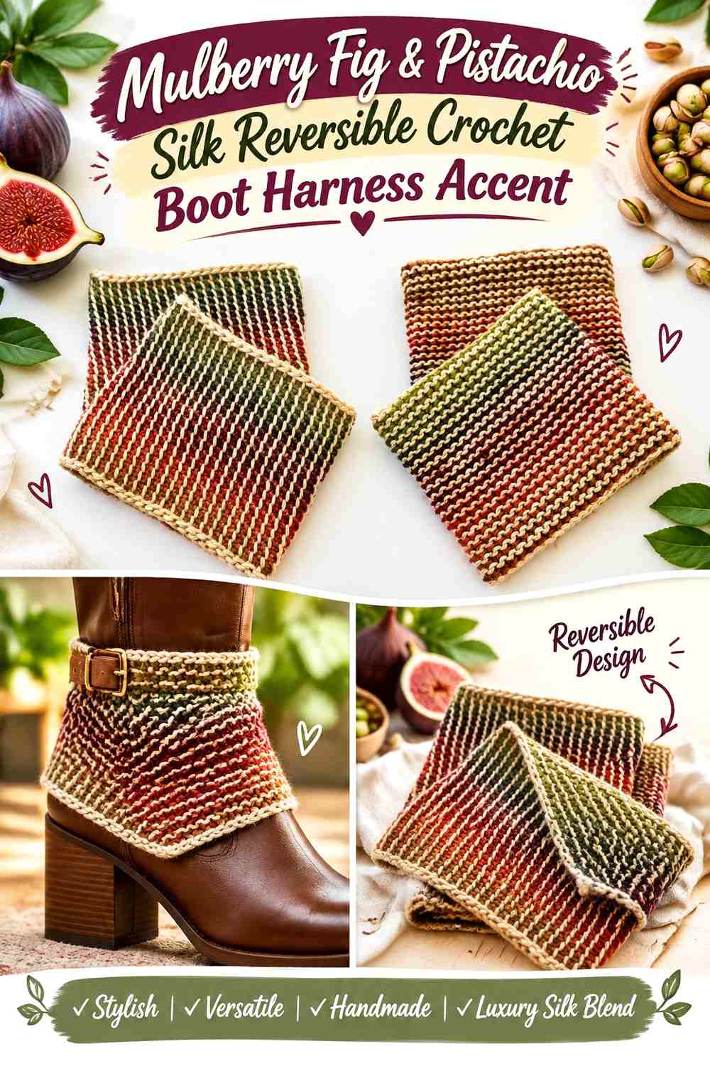 Mulberry Fig & Pistachio Silk Reversible Crochet Boot Harness Accent