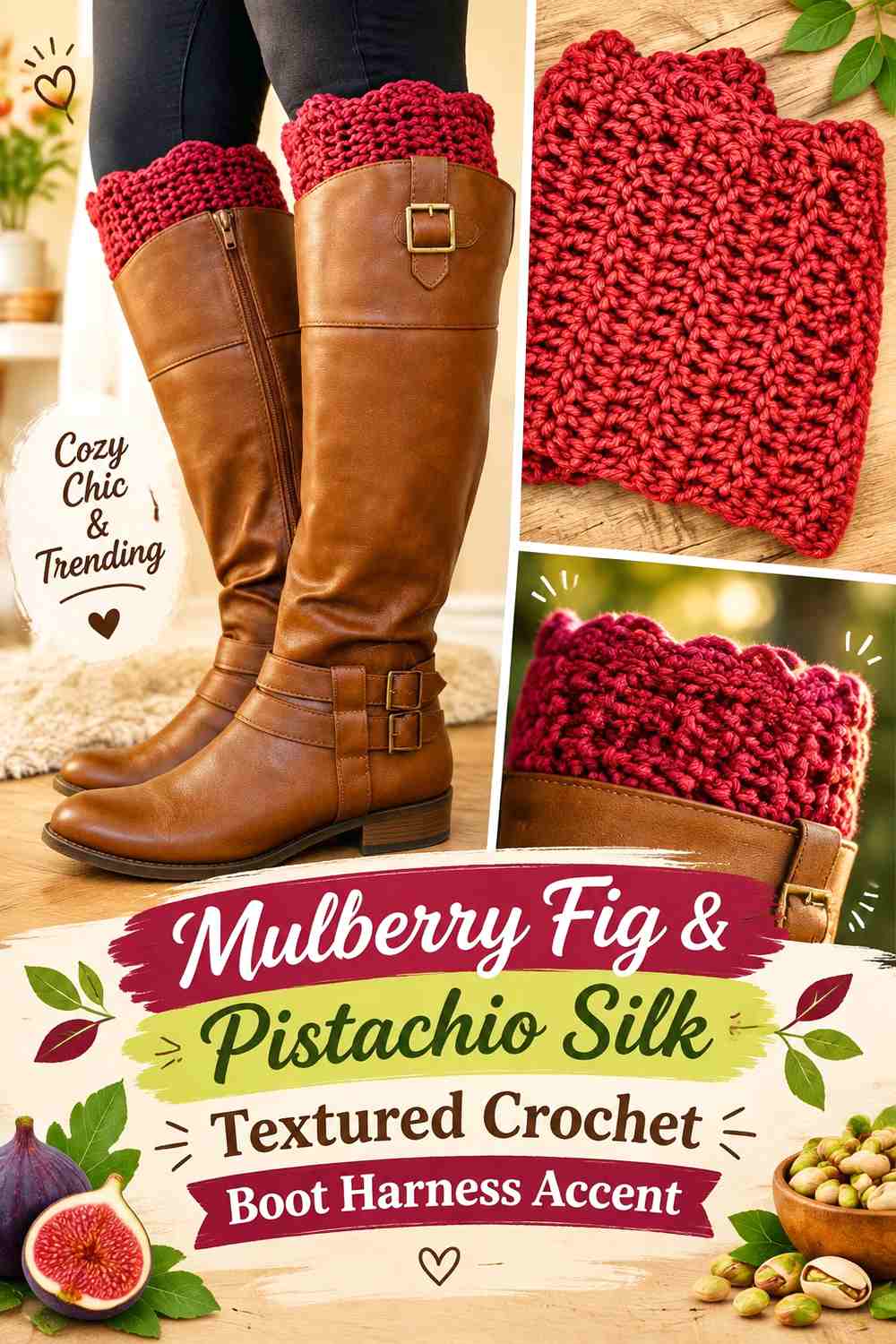 Mulberry Fig & Pistachio Silk Textured Crochet Boot Harness Accent