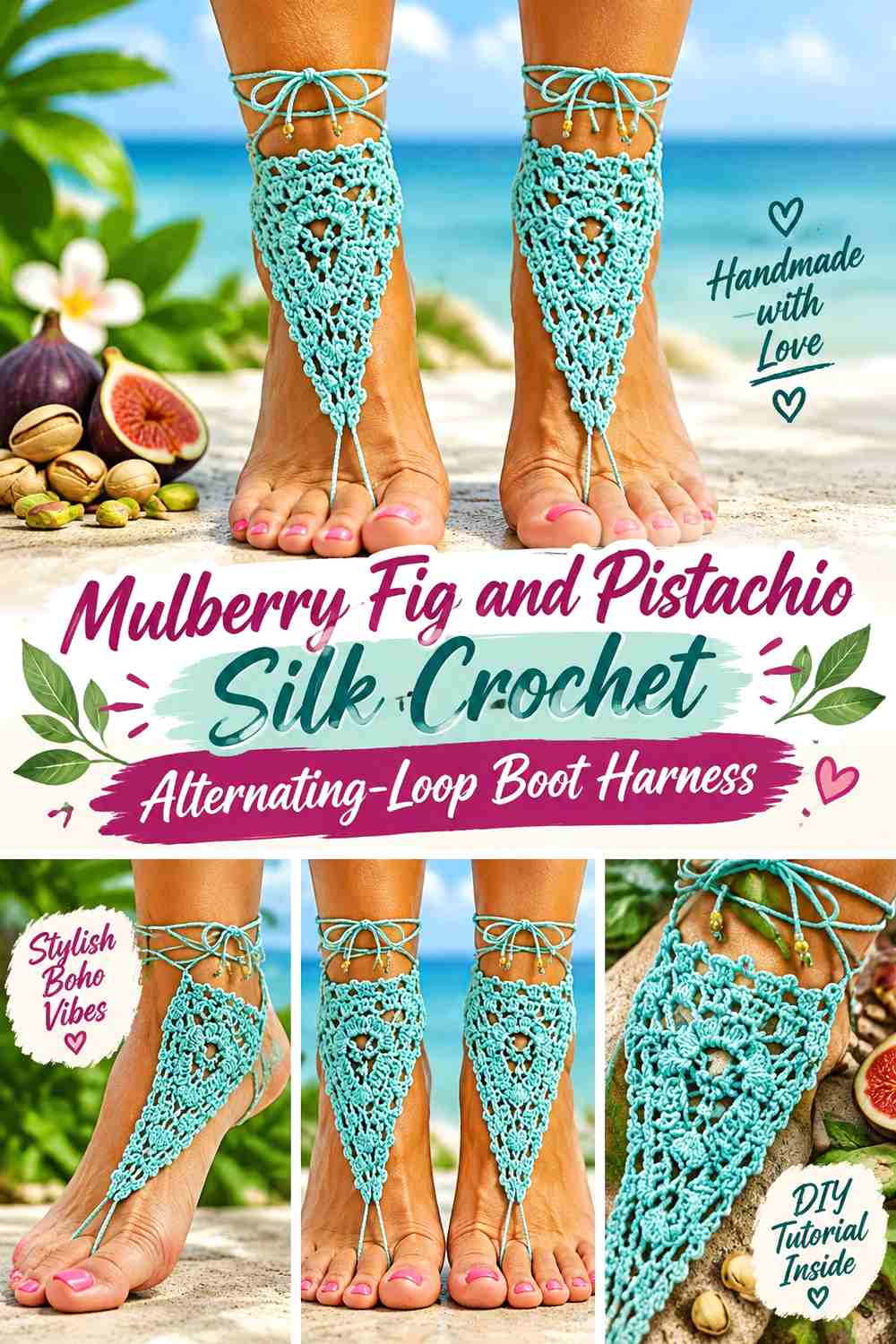 Mulberry Fig and Pistachio Silk Crochet Alternating-Loop Boot Harness