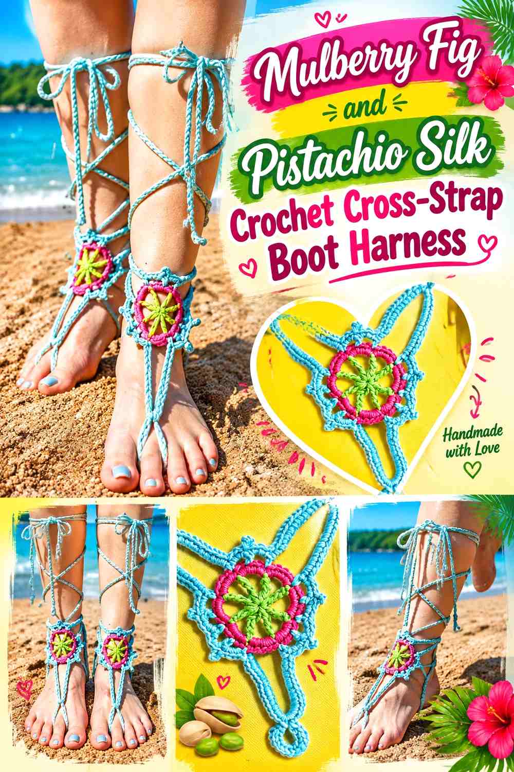 Mulberry Fig and Pistachio Silk Crochet Cross-Strap Boot Harness