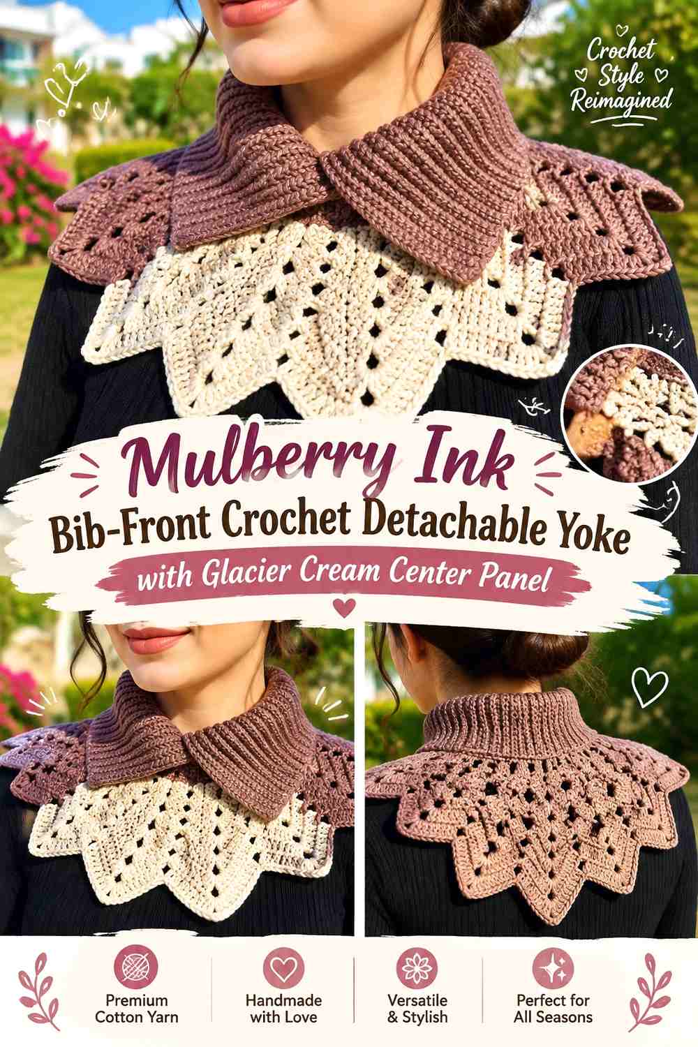 Mulberry Ink Bib-Front Crochet Detachable Yoke with Glacier Cream Center Panel