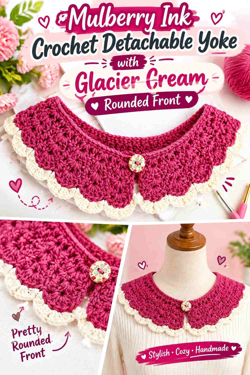 Mulberry Ink Crochet Detachable Yoke with Glacier Cream Rounded Front