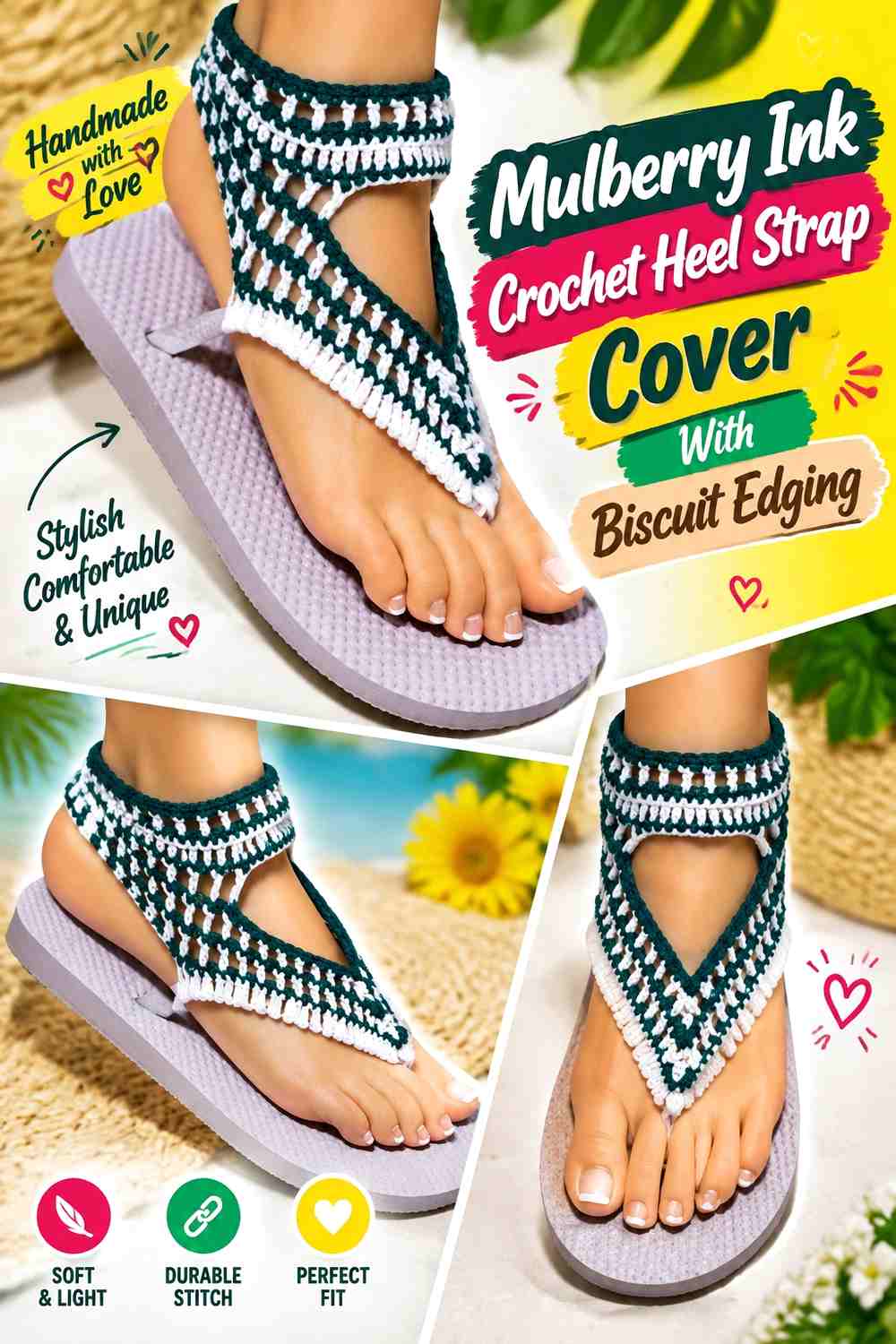 Mulberry Ink Crochet Heel Strap Cover With Biscuit Edging