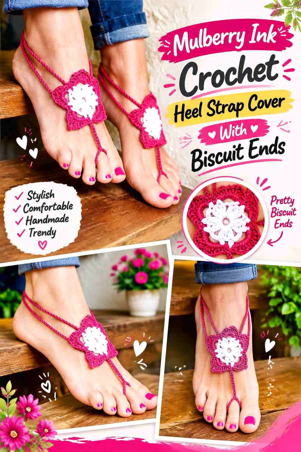 Mulberry Ink Crochet Heel Strap Cover With Biscuit Ends