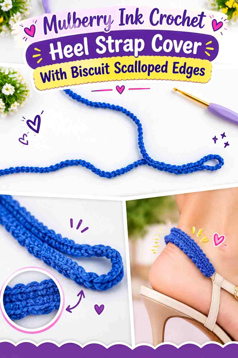 Mulberry Ink Crochet Heel Strap Cover With Biscuit Scalloped Edges