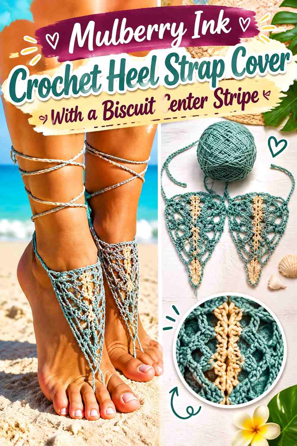 Mulberry Ink Crochet Heel Strap Cover With a Biscuit Center Stripe