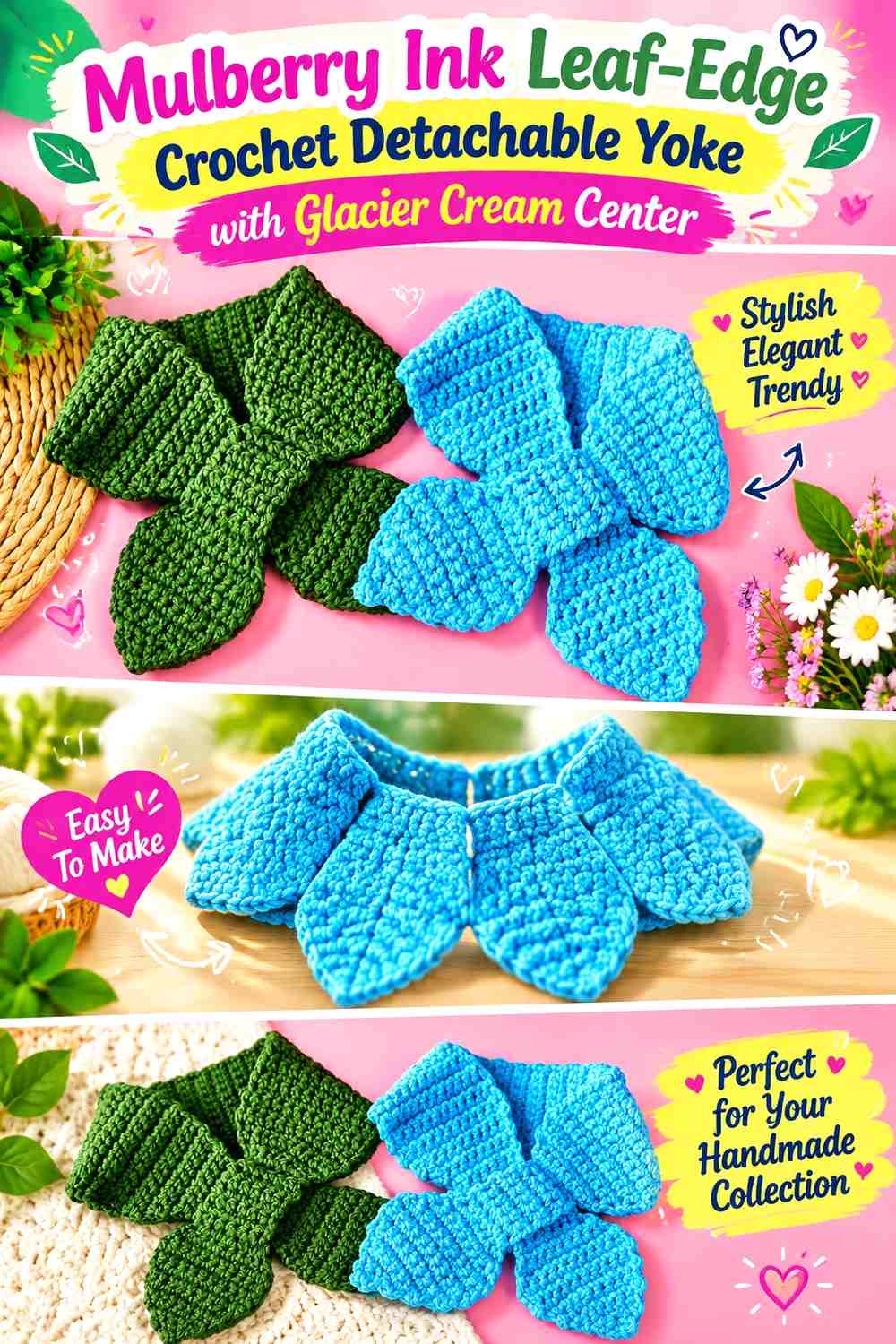 Mulberry Ink Leaf-Edge Crochet Detachable Yoke with Glacier Cream Center