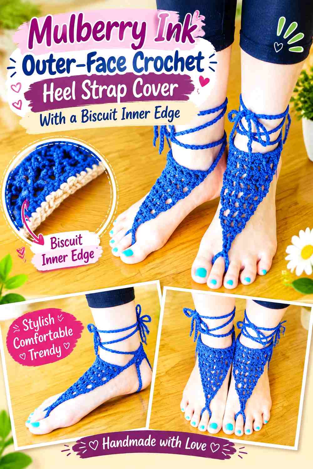 Mulberry Ink Outer-Face Crochet Heel Strap Cover With a Biscuit Inner Edge