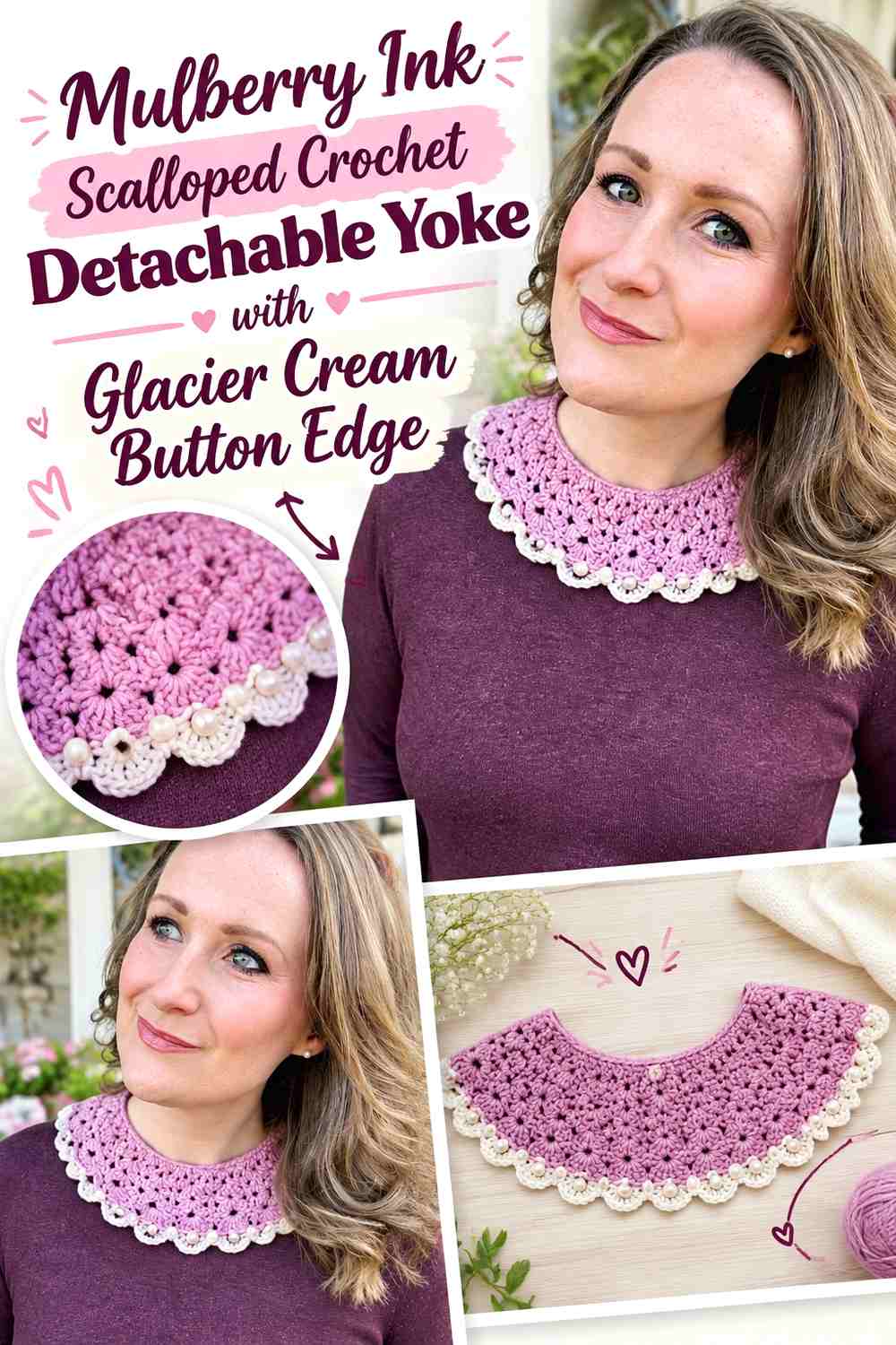 Mulberry Ink Scalloped Crochet Detachable Yoke with Glacier Cream Button Edge