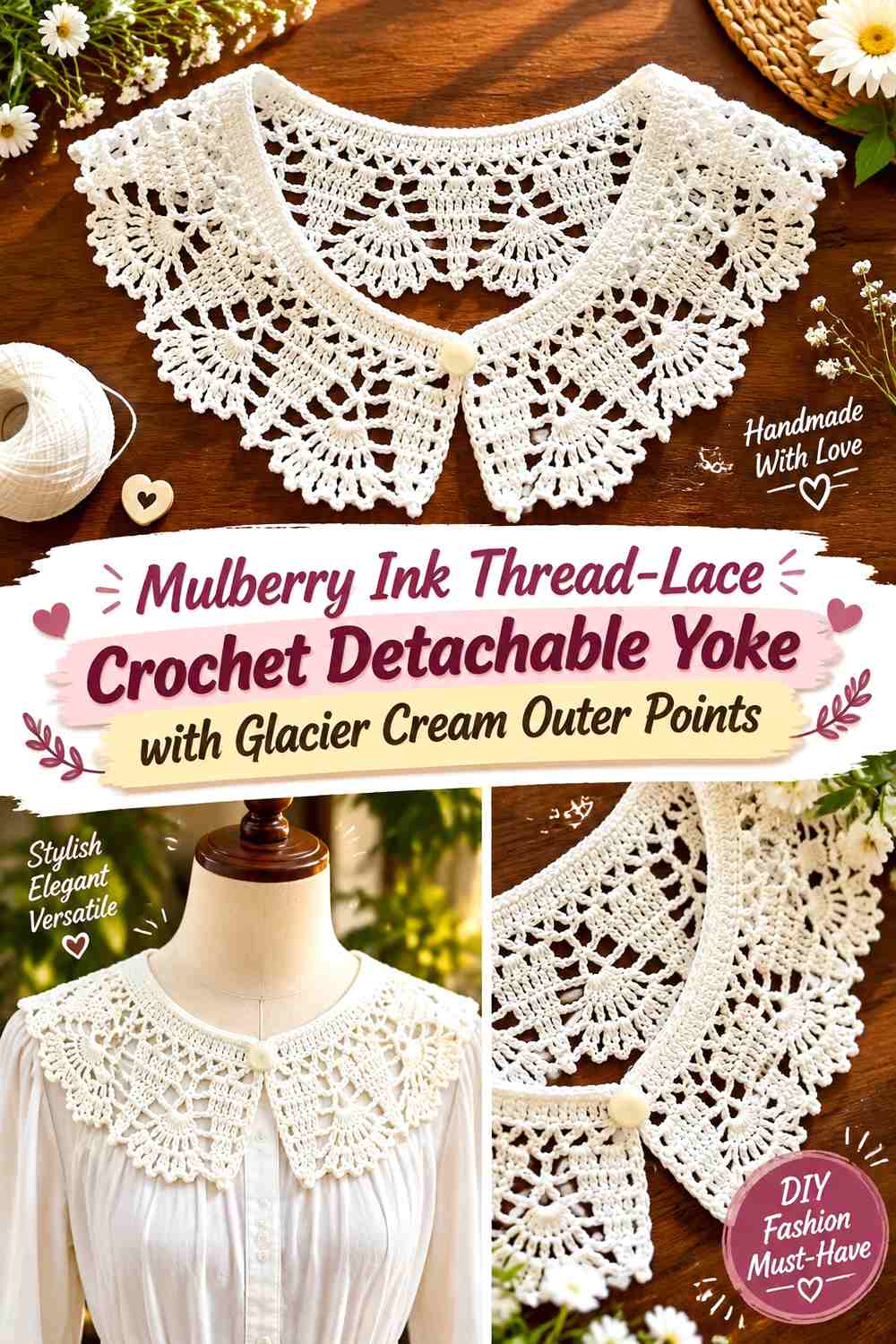 Mulberry Ink Thread-Lace Crochet Detachable Yoke with Glacier Cream Outer Points