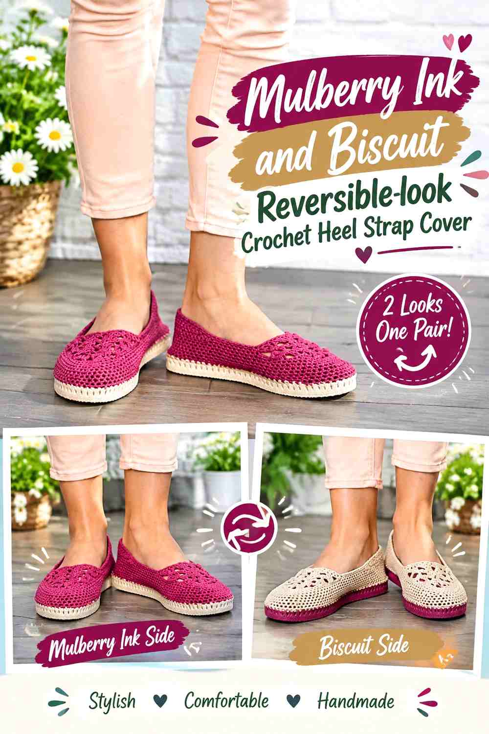Mulberry Ink and Biscuit Reversible-Look Crochet Heel Strap Cover