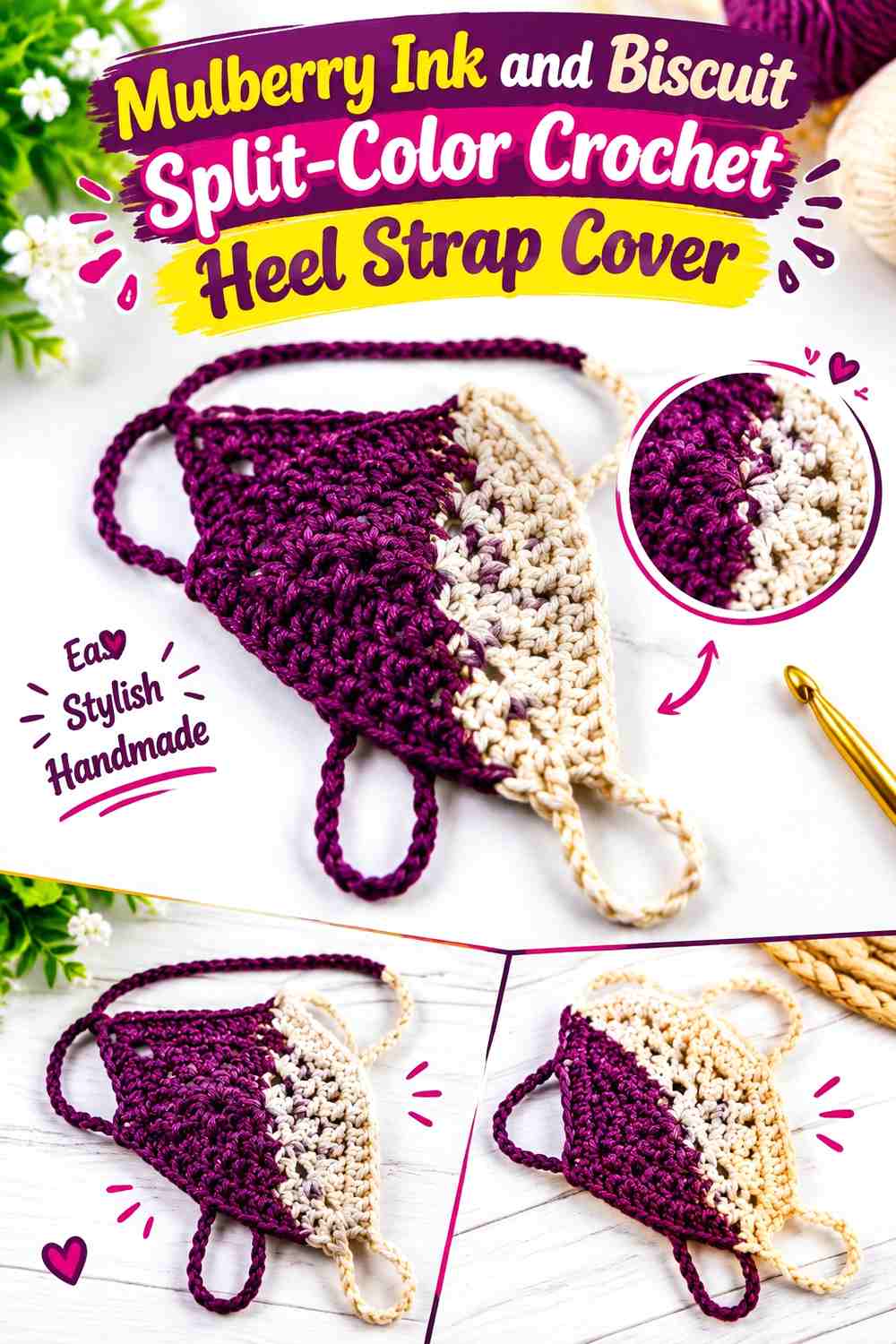 Mulberry Ink and Biscuit Split-Color Crochet Heel Strap Cover