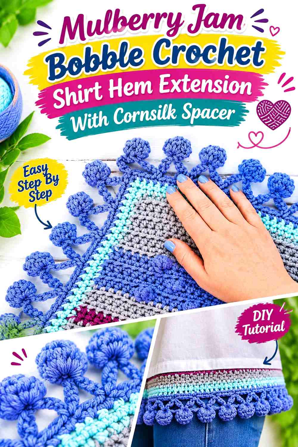 Mulberry Jam Bobble Crochet Shirt Hem Extension With Cornsilk Spacer