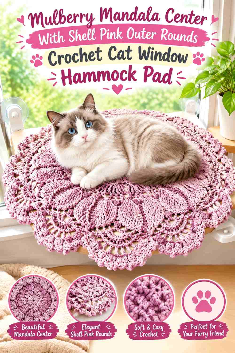 Mulberry Mandala Center With Shell Pink Outer Rounds Crochet Cat Window Hammock Pad