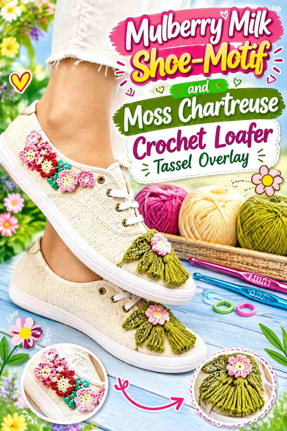 Mulberry Milk Shoe-Motif and Moss Chartreuse Crochet Loafer Tassel Overlay