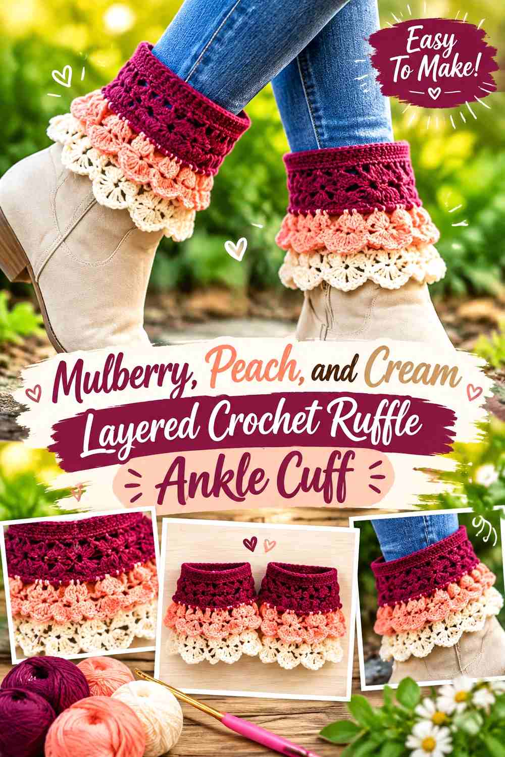 10. Mulberry Peach And Cream Layered Crochet Ruffle Ankle Cuff