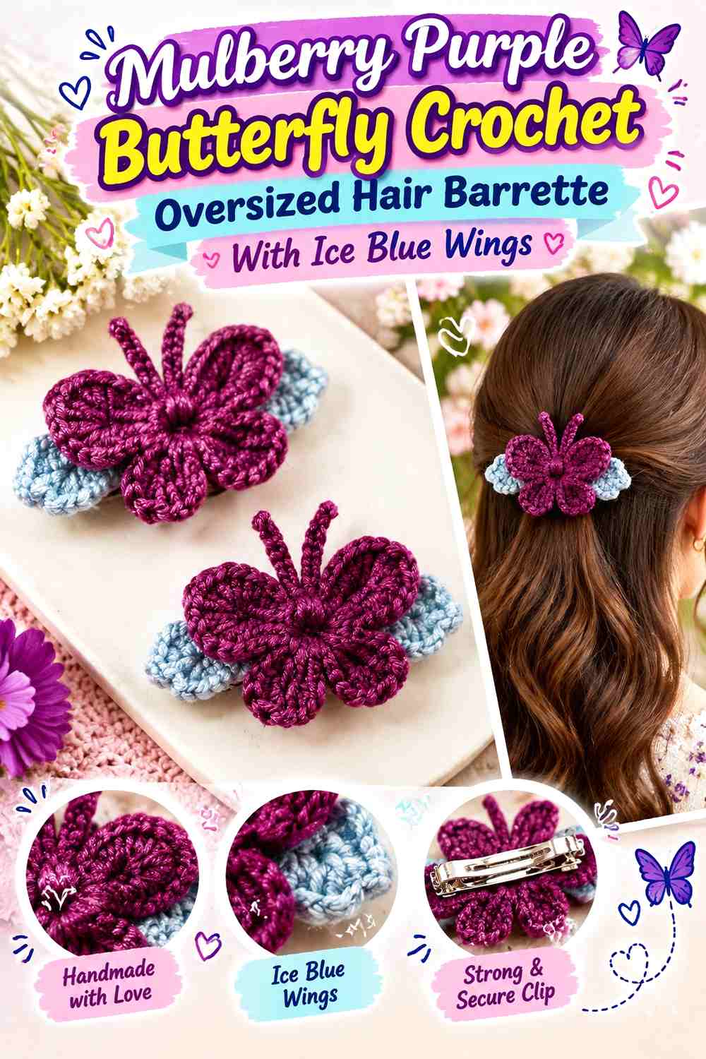 Mulberry Purple Butterfly Crochet Oversized Hair Barrette With Ice Blue Wings