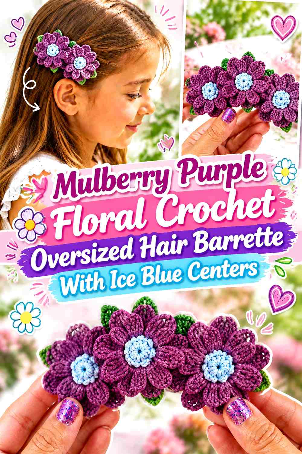 Mulberry Purple Floral Crochet Oversized Hair Barrette With Ice Blue Centers