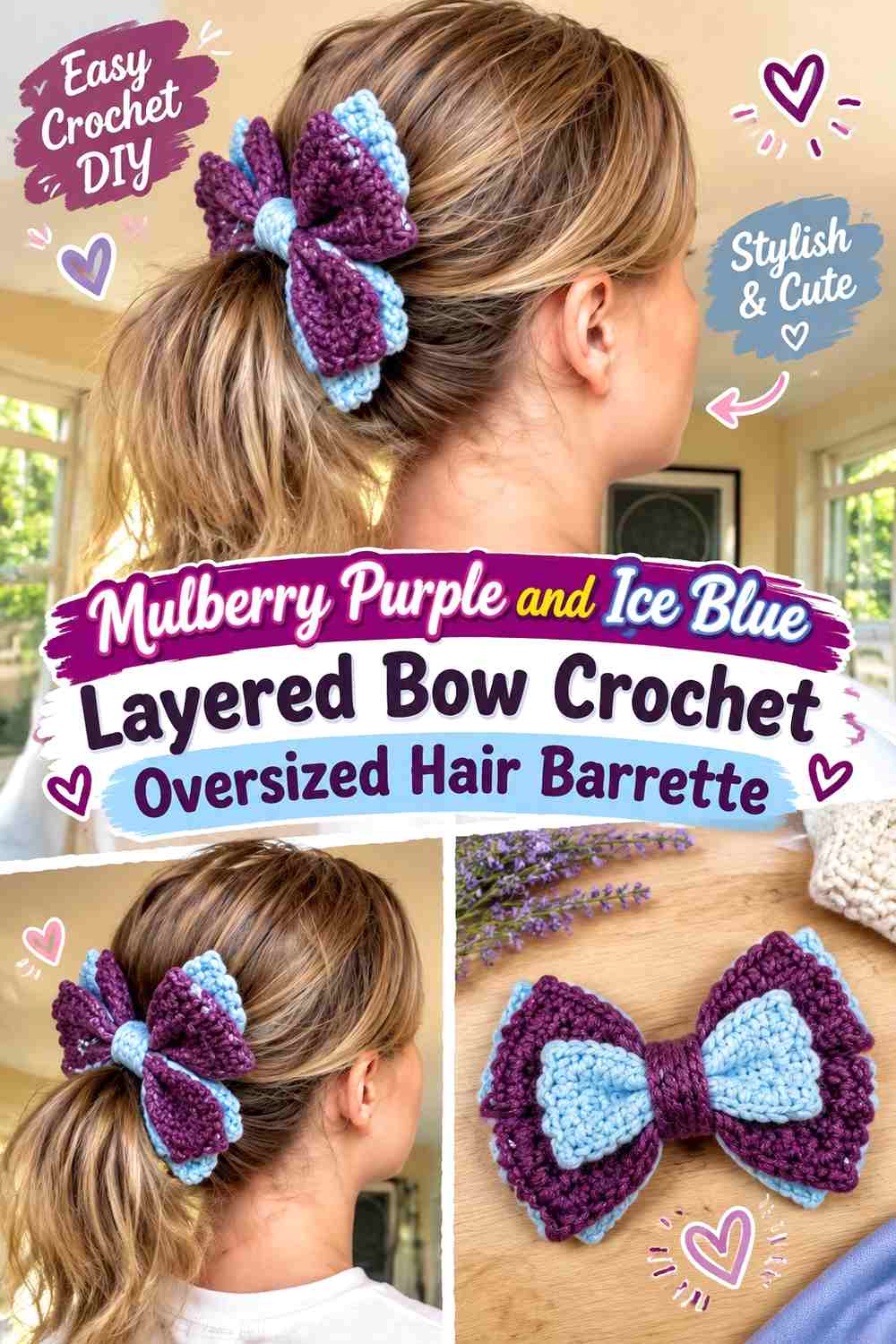 Mulberry Purple and Ice Blue Layered Bow Crochet Oversized Hair Barrette