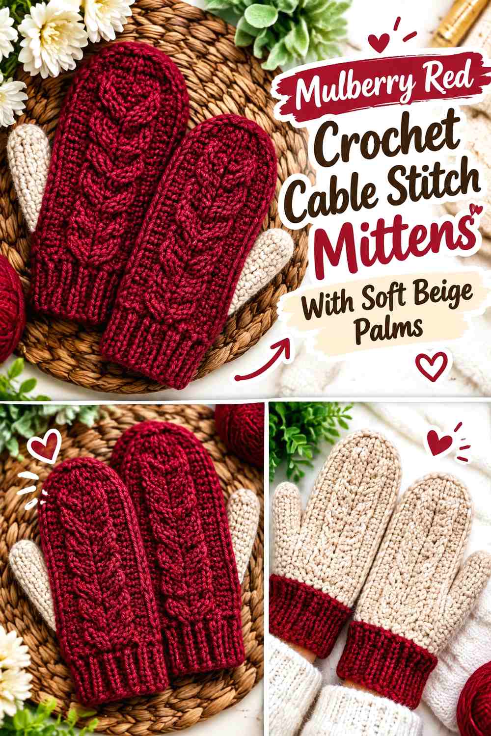 Mulberry Red Crochet Cable Stitch Mittens With Soft Beige Palms