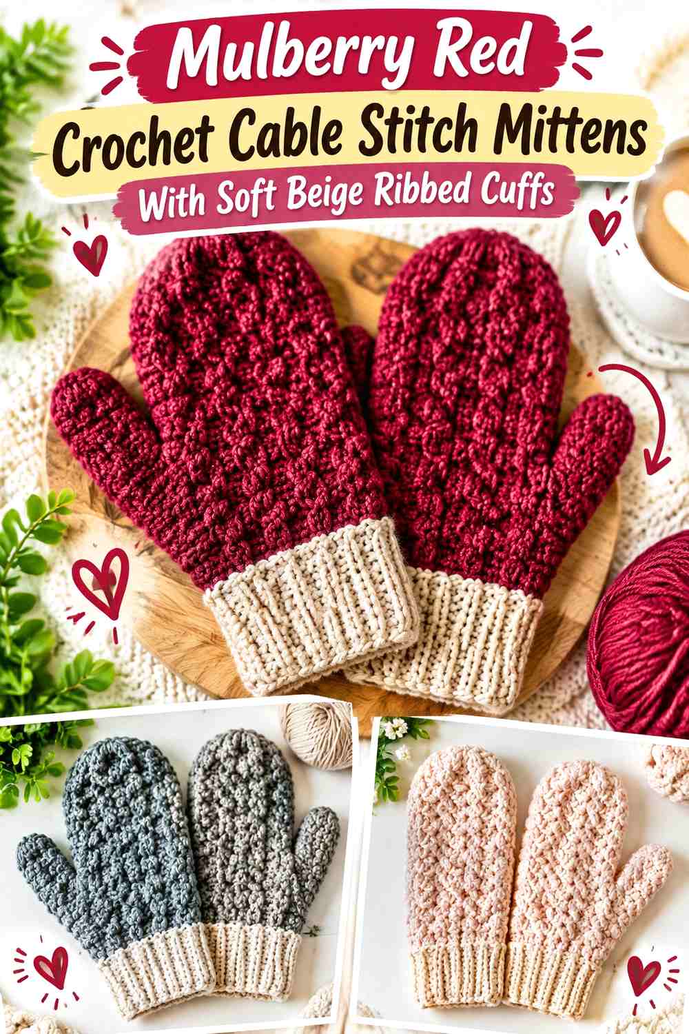 Mulberry Red Crochet Cable Stitch Mittens With Soft Beige Ribbed Cuffs