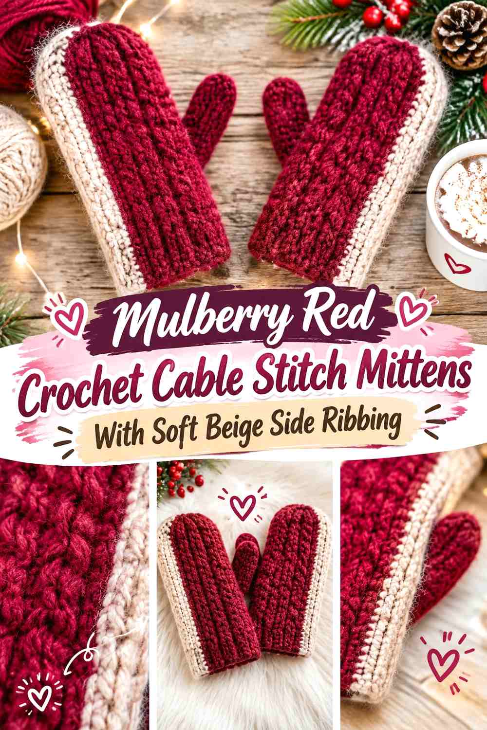 Mulberry Red Crochet Cable Stitch Mittens With Soft Beige Side Ribbing