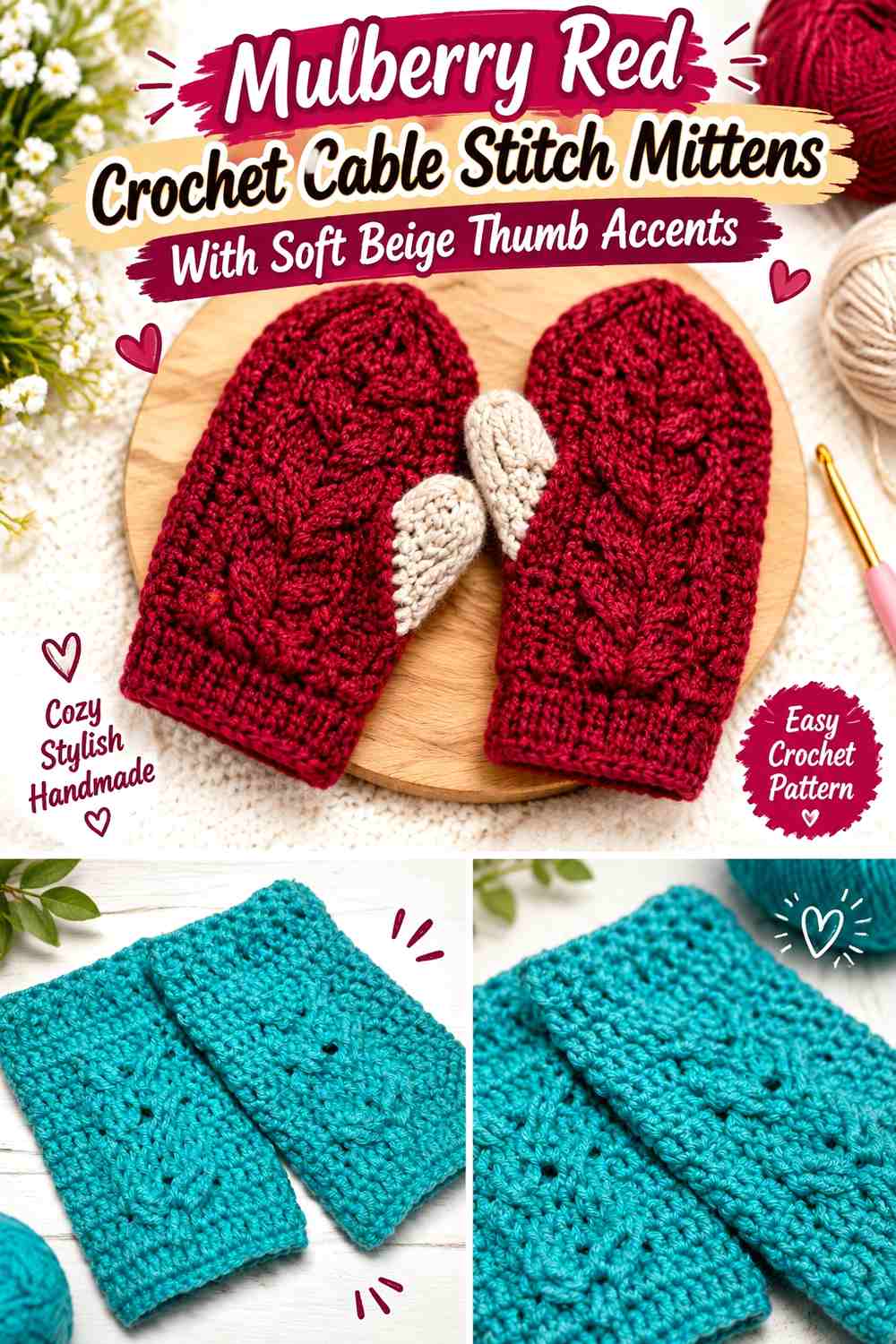 Mulberry Red Crochet Cable Stitch Mittens With Soft Beige Thumb Accents