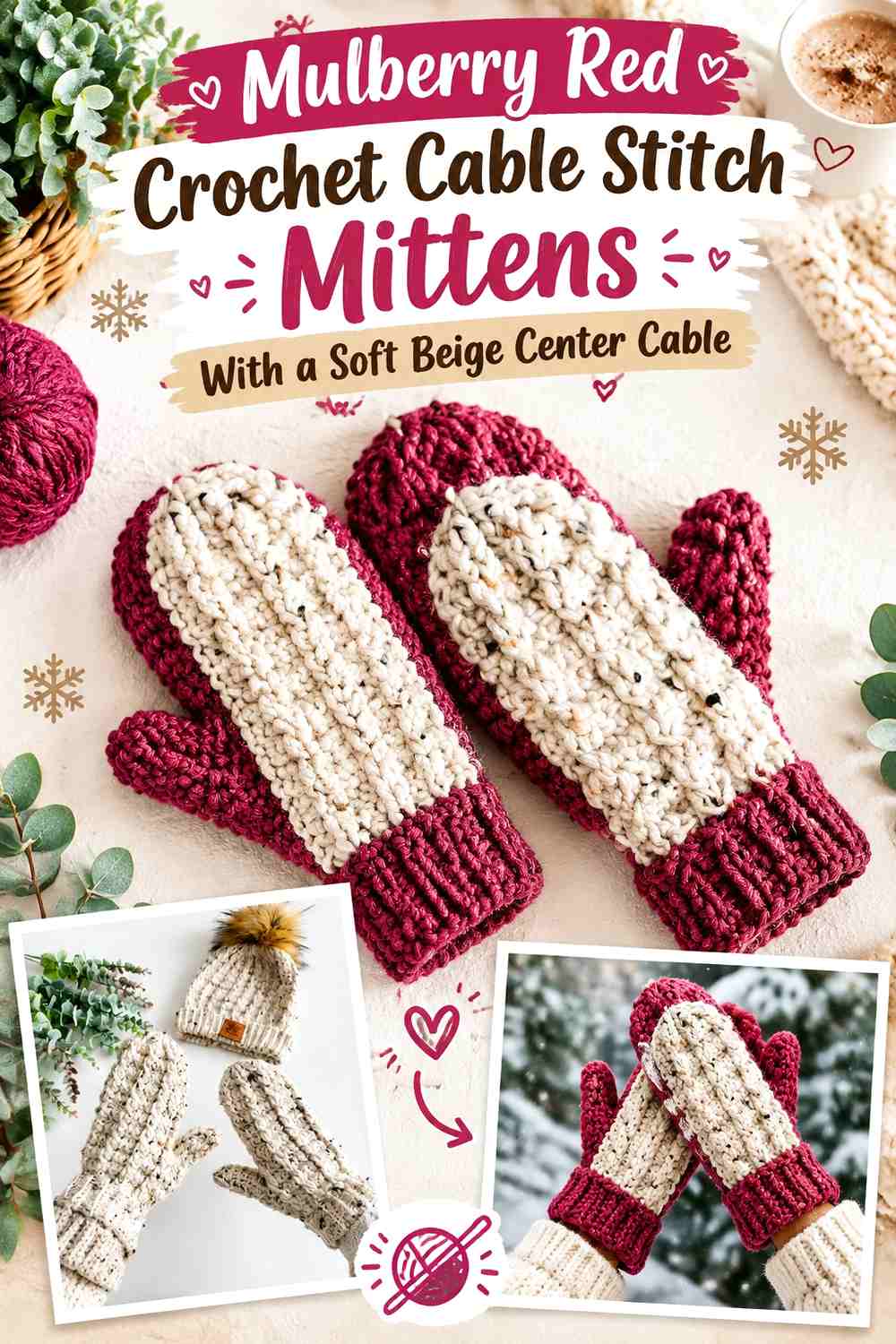 Mulberry Red Crochet Cable Stitch Mittens With a Soft Beige Center Cable