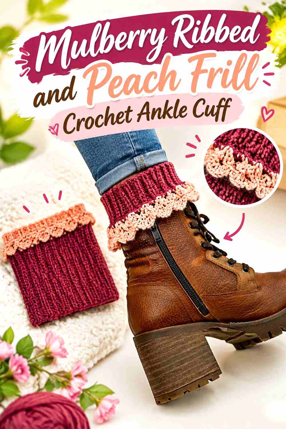 8. Mulberry Ribbed And Peach Frill Crochet Ankle Cuff