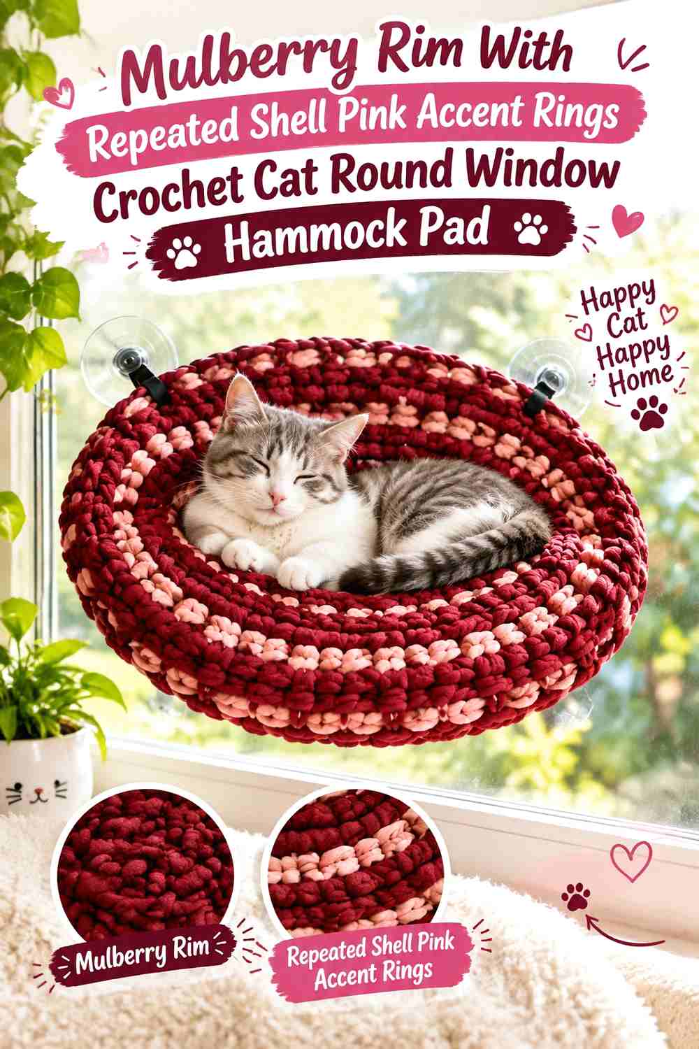 Mulberry Rim With Repeated Shell Pink Accent Rings Crochet Cat Round Window Hammock Pad