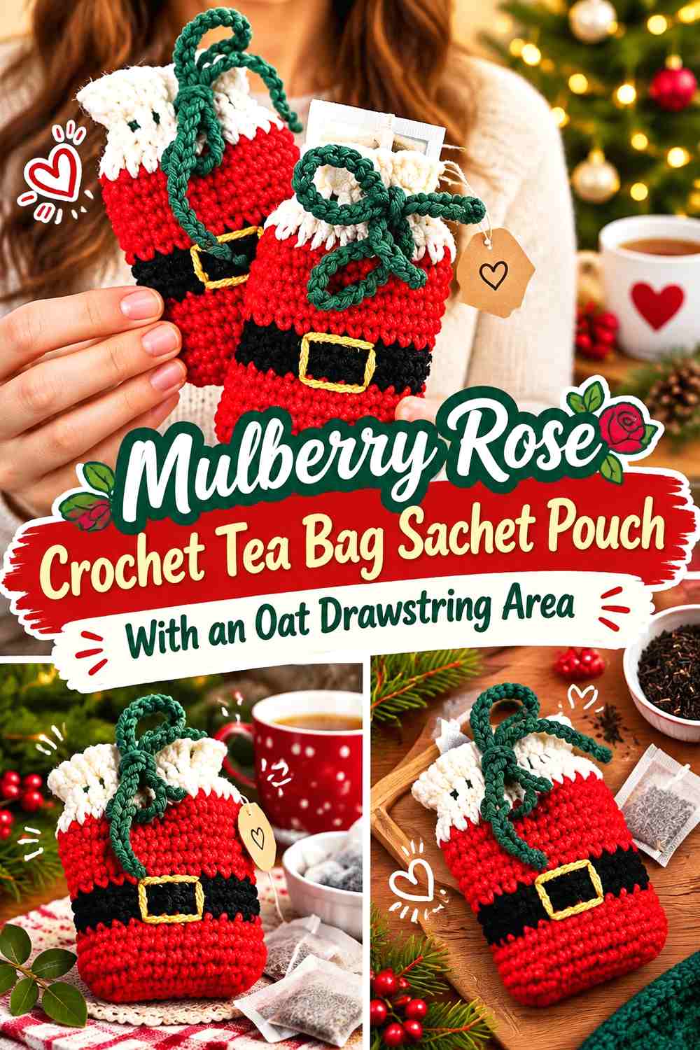 Mulberry Rose Crochet Tea Bag Sachet Pouch With an Oat Drawstring Area
